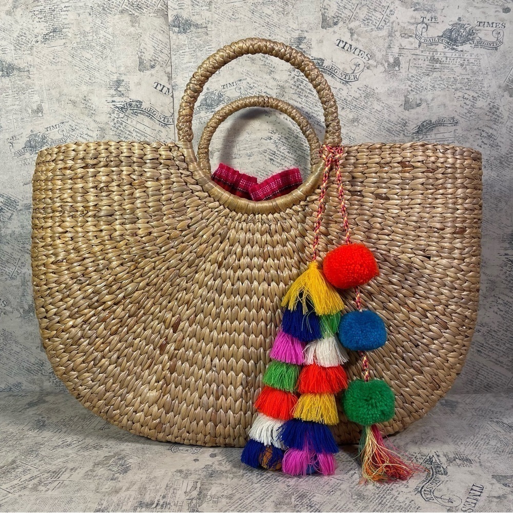 JADEtribe Large Handwoven Beach Basket Tote Multi Pink Tassel Boho Resort Bag